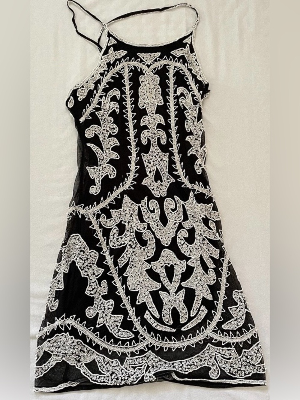 BOBO black Sequin Beaded Mesh Dress Black White Beaded Sz P SMALL Hand Made NWT